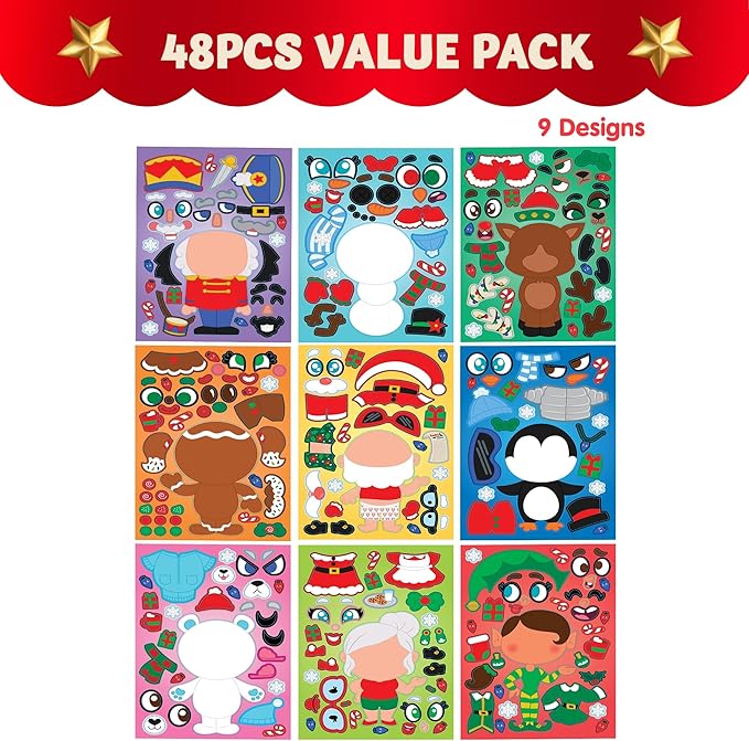 JOYIN 48 Pcs Christmas Make A Face Sticker Sheets Make Your Characters with Santa Santa, Gnome, Reindeer, Snowman, Gifts for Kids School Activities Party Favor Supplies Xmas Craft