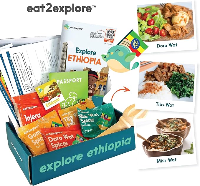 eat2explore Cooking Kits for Kids - Interactive & Educational Set with 3 Recipe Cards, Key Ingredients & Cooking Tools - Ideal Idea for Kids who Love to Create Meals (Ethiopia Edition)