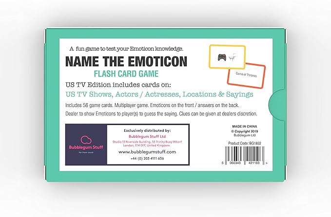 Bubblegum Stuff Name The Emoticon Game - US TV Edition - Guess The Phrase from The Emojis - Fun Flash Card Game - Suitable for Family, Kids, Teenagers & Adults