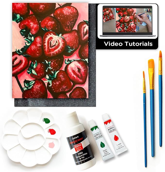 Painting4Real DIY Painting Class Kit for Adults with Video Tutorials: Learn to Paint Sweet Strawberries – How to Paint with Acrylics – Painting & Art Supplies – 9 Piece Acrylic Paint Set