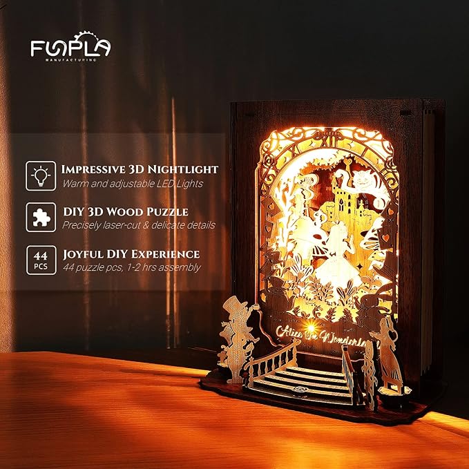 Alice in Wonderland 3D Puzzle Nightlight – DIY 3D LED Book Lamp – 3D Wood Puzzles Décor Lamp for Kids and Adults