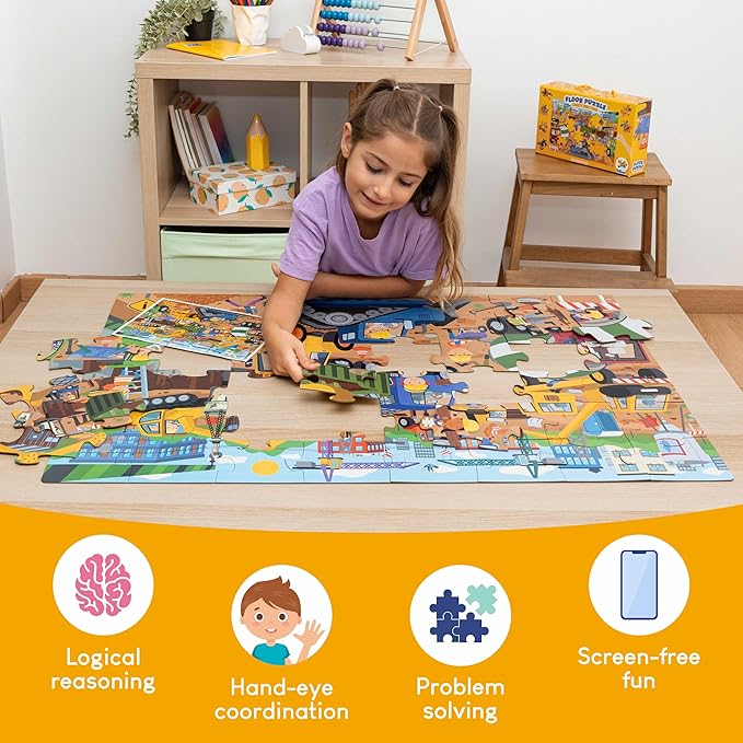 BONNYCO Giant Floor Puzzles for Kids of Construction Site with 48 Large Pieces. Jumbo Puzzle 36.2 x 24.4 in, Gifts for Boys and Girls, Educational Kids Toys Ages 2-8