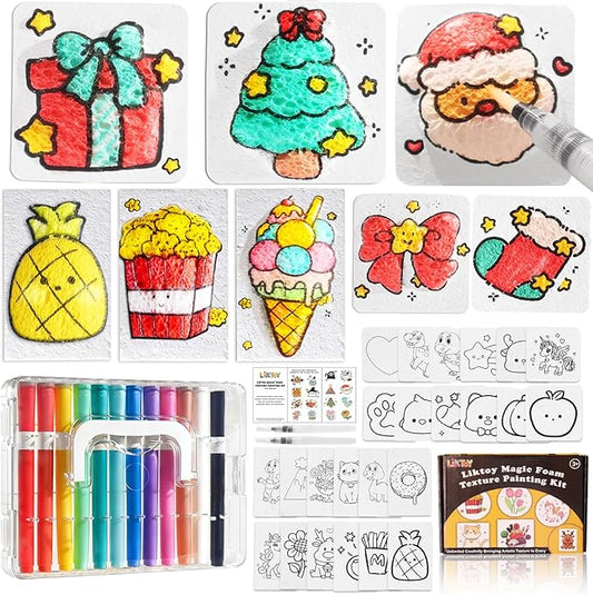 Liktoy 74Pcs Magic Foam Texture Painting Kit, 42Pcs Foam Texture Paper, 24 Colorful Brush, 2 Water Brushes, 3D Effect Texture Painting Art Set, Ideal for Halloween, Christmas, Birthday Gifts
