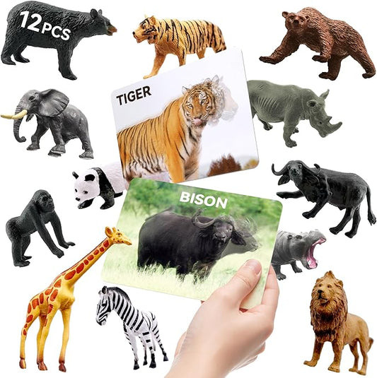 Dotimo Mini Zoo Animals Toys for Kids, 12 Sets of Realistic Wild Animal Figures with 3D Introduction Flash Cards, Montessori Toys, Science Educational Matching Game for Preschool & Toddler 3-5