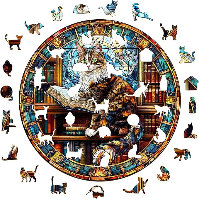 KAAYEE Wooden Puzzles for Adults-3D Visual Effect Maine Cat Library Wooden Jigsaw Puzzles Unique Shape Advanced Wood Puzzle Adults (11.4 * 11.4in 200pcs)