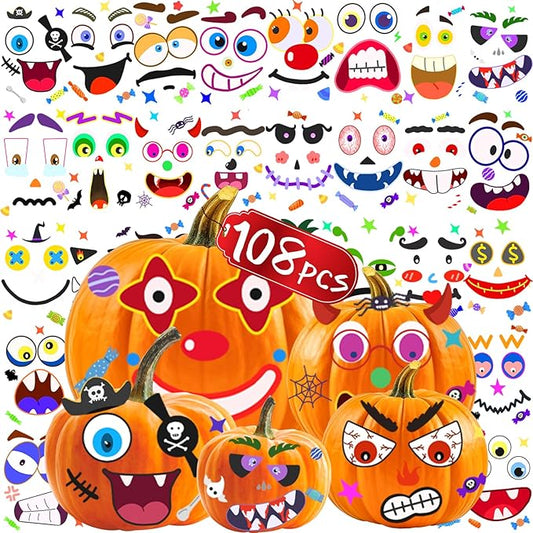 Natonhi 108 Pack Pumpkin Decorating Kit Halloween Pumpkin Face Stickers, Halloween Crafts Pumpkins Expressions Decorations, Creative Games Gifts Party Supplies for Kids
