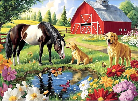 300 Piece Puzzle for Adults, Golden Retriever Horse on Farm Scenic Landscape Jigsaw Puzzle, Jigsaw Puzzles for Adult 300 Piece, Challenging Yet Relaxing 300 Pieces Puzzle Game for Kids Adults Seniors