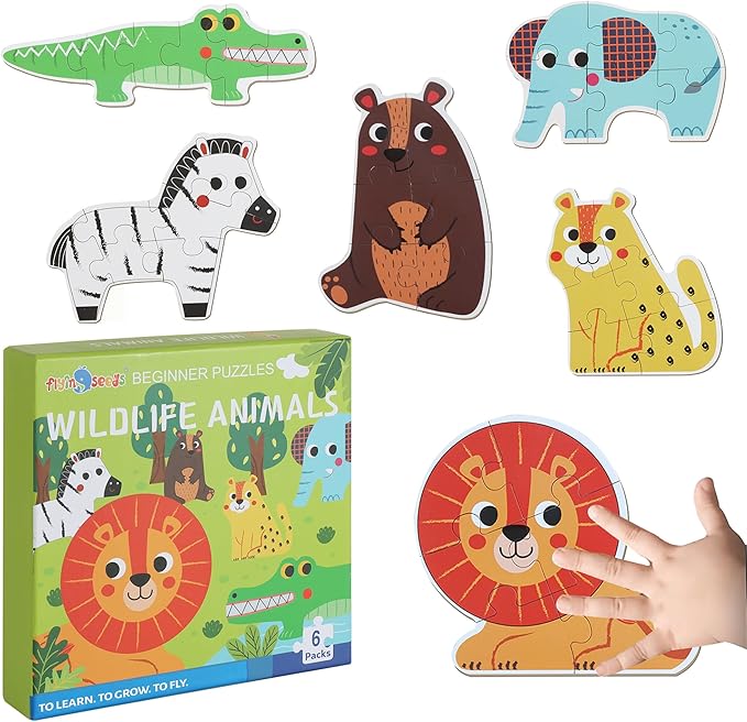 FLYINGSEEDS 6 Packs Wooden Jigsaw Puzzles for Toddlers, Wildlife Animals Shaped Puzzles for Beginners Ages 1-3, Montessori Learning Toys Preschool Educational Activity for Kids Ages 2-5