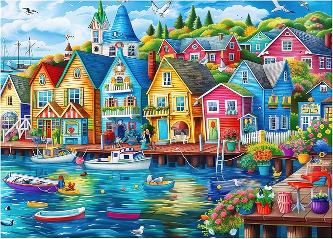 Seaside Town Jigsaw Puzzles, 1000 Piece Jigsaw Puzzles for Adults - Ocean Boat Seagull Landscape Puzzle - Challenging for Adults with Vibrant Coastal Art - 28x20 Inch, Family Games & Gift