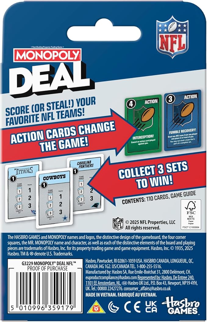 Monopoly Deal NFL Edition Game | Officially Licensed NFL Card Game for Families and Kids | Ages 8+ | 2-5 Players | 15 Mins. | Football Games