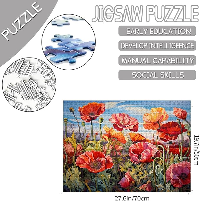 Tucocoo 1000-Piece Jigsaw Puzzle - Poppy's Flowers in a Floral Scenery - Art Deco Style - Unisex - Flowering Shrubs 03 - 27.56" x 19.69" - Ages 14+
