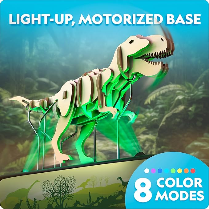 National Geographic Motorized Dinosaur 3D Puzzle - 50-Piece 3D T. Rex Wood Model Kit with Light-Up Motorized Display Base and 8 Light Settings, 3D Puzzles for Kids, Buildable Dinosaur Model