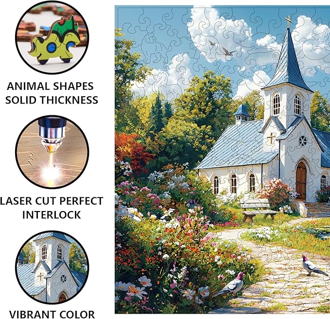 GLOBLELAND 300Pcs Garden Church Wooden Jigsaw Puzzles for Adults 11.22x15.16inch Religion Landscape Wood Puzzles Colorful Unique Shaped Wood Puzzles for Anniversary Holiday Birthday Gifts