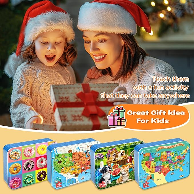 LELEMON Puzzles for Kids Ages 4-6,4-Pack 100 Piece Puzzles for Kids Ages 4-8 in a Metal Box,Donut National Parks Map USA Map Dogs Educational Jigsaw Puzzles Puzzle Games Puzzle Toys for Girls and Boys