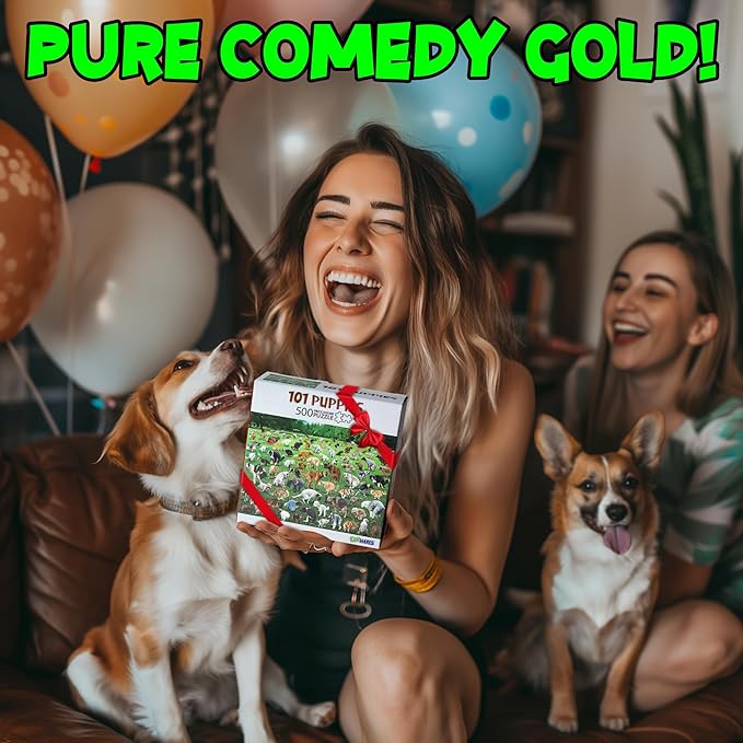 Funwares Original 101 Puppies Puzzle – 500-Piece Hilarious Dog Jigsaw – Funny Gift for Dog Lovers, White Elephant, and Pet Lovers with a Sense of Humor