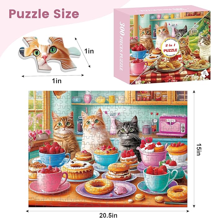 2-Pack 300 Pieces Puzzles for Kids, Dessert Cat Puzzles 300 Pieces Party Cat Jigsaw Puzzles for Adults, Large Piece Puzzle, Puzzle Toys for Boys and Girls, Family Activity Game Nights Gifts