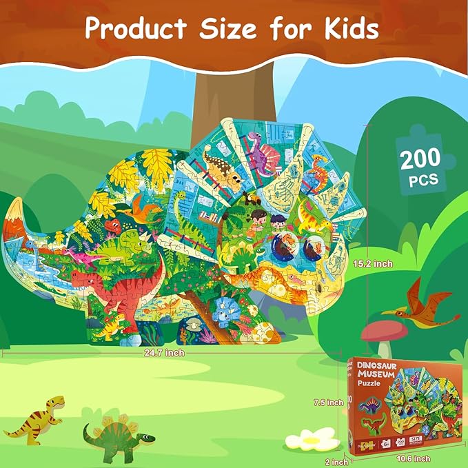 Dinosaur Puzzles for Kids Ages 6-8 200 Piece Triceratops Jigsaw Puzzles Unique Animal Shape Floor Puzzle Ages 8-10 Learning Educational Toys Birthday Gift for Boys Girls Ages 10-12