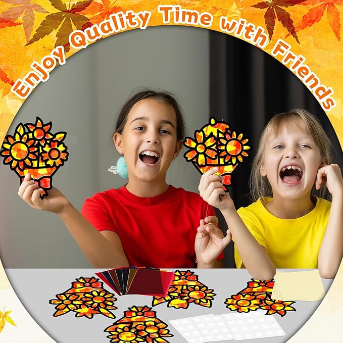 32 Sets Fall Bouquet Suncatchers Craft Kit DIY Window Stained Glass Effect Autumn Bouquet Paper Crafts Home School Classroom Decoration Kid Birthday Gift Creative Art Project Activity Game
