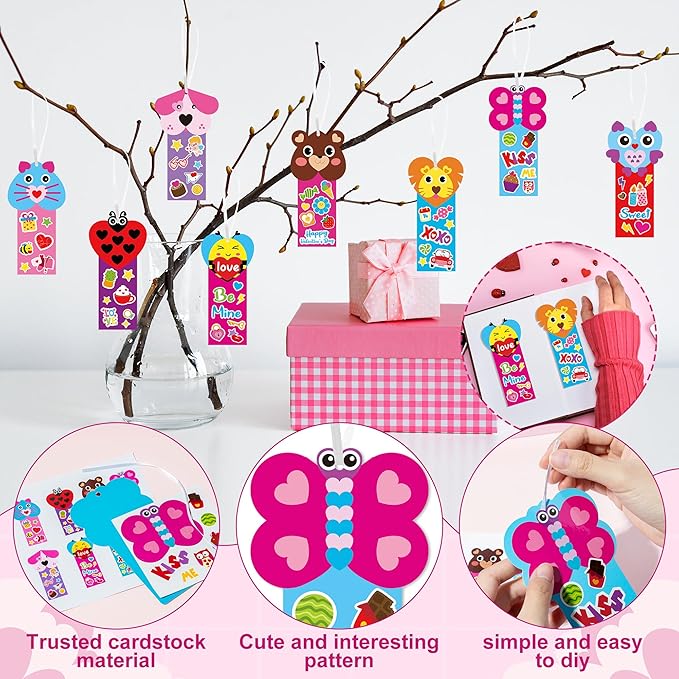 ANGOLIO Valentine's Day Bookmarks Craft Kits - 40Sets Valentine's Day Animals Craft for Kids DIY Make Your Own Heart Animal Set Self-Adhesive Face Stickers for Kids Classroom Gifts Party Supplies