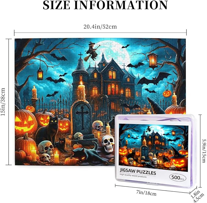 Halloween Haunted House 500 Pieces Jigsaw for Adults Horror Haunted Mansion Scene Jigsaw Horror House Ghosts Pumpkin Skeleton Grave Theme Puzzles for Adults