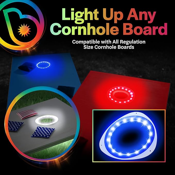Brightz LED Cornhole Board Ring Lights, 2-Pack - 48-Hour Battery Life - Illuminate Your Game with Dazzling Glows and Ultimate Style for Non-Stop Evening Fun and Excitement (Includes Hole Lights Only)