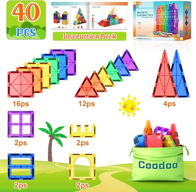 Magnetic Tiles Kids Toys STEM Magnet Toy for Toddler Magnetic Blocks Building Preschool Learning Sensory Montessori Toys for 3+ Year Old Boys and Girls, Safe Creativity Toddler Kids Toy 40PCS