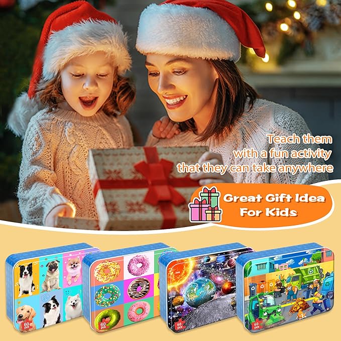 LELEMON Puzzles for Kids Ages 4-6,4-Pack 60 Piece Puzzles for Kids Ages 4-8 in a Metal Box,Donut Dogs Space Garbage Truck Educational Jigsaw Puzzles Puzzle Games Puzzle Toys for Girls and Boys