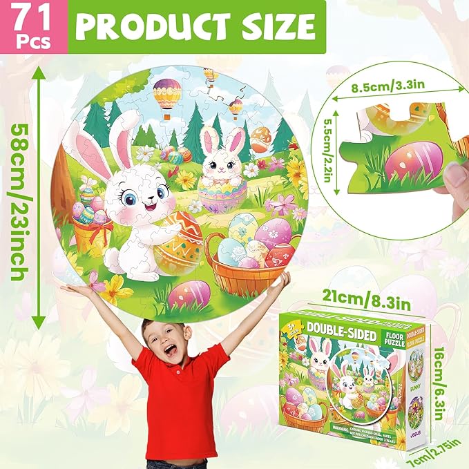 71Pcs Easter Jigsaw Puzzles for Kids Ages 3-5 4-8 Bunny Jesus Double Sided Puzzle for Kids Religious Easter Egg Round Floor Puzzles Happy Easter Party Supplies Preschool Brain Teaser Educational Toys