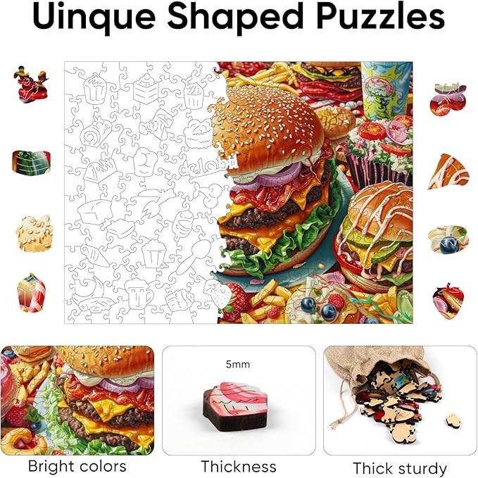 delobil Wooden Puzzles for Adults, Hamburger Jigsaw Puzzle 200 Piece, Unique Shaped Wooden Puzzles Beautiful Gift Package, Creative Birthday Gift for Friends and Family 11.7 * 8.86 in Medium