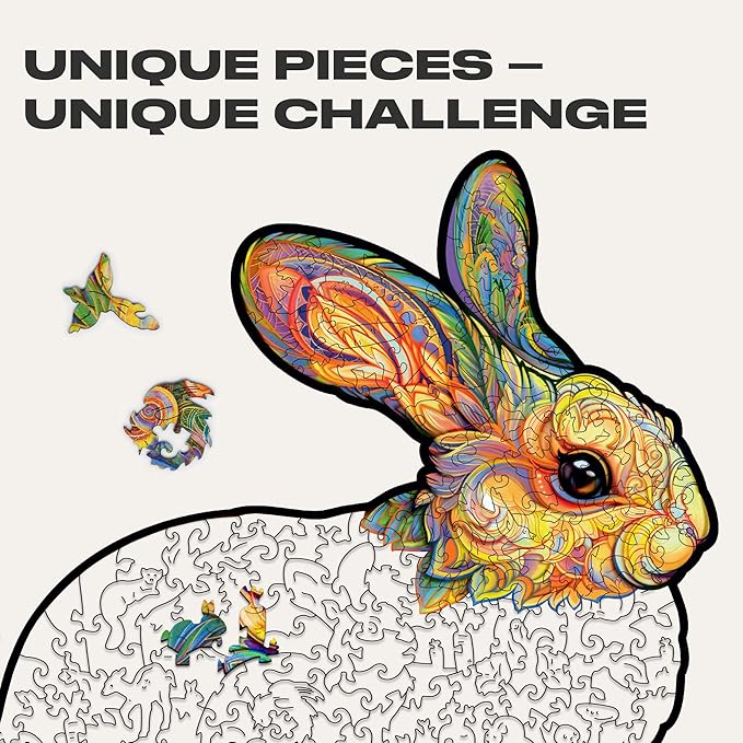 UNIDRAGON Original Wooden Jigsaw Puzzles - Precious Rabbit, 195 Pieces, Medium Size 11.4"x11.8", Beautiful Gift Package, Unique Shape Best Gift for Adults and Kids