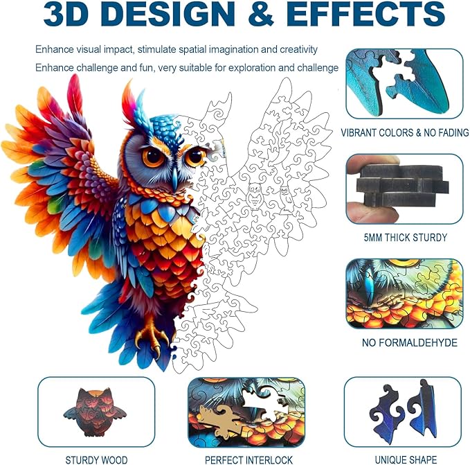 Wooden Jigsaw Puzzles for Adults and Kids, Rainbow Owl 200 Piece Unique Shaped Puzzle, Family Game and Creative Wooden Puzzle Gift, Wall Art Decor
