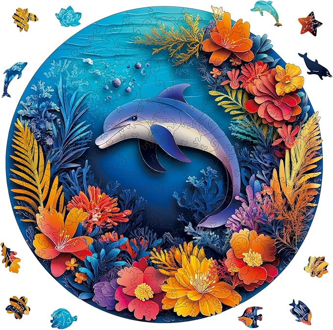 Ruikiyart Wooden Puzzles for Adults, 5MM 500 Pieces Dolphin Wooden Jigsaw Puzzles, Sea Animal Unique Shaped Puzzle Gifts for Adults and Kids on Thanksgiving, Family Puzzle Games(16.5"*16.5")
