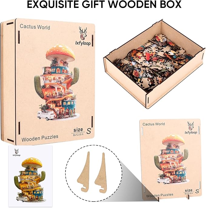 Wooden Puzzles for Adults, Cactus World Adult Puzzles 200 Pieces, Wooden Jigsaw Puzzles Unique Shape, Best Gifts for Adults Family Game, 9.1x12.8 inch