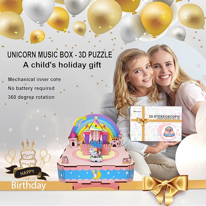 3D Puzzles Music Box Unicorn DIY Rotating Music Box Kit for Teens, Boys and Girls, Birthday Gifts, Decorative Crafts