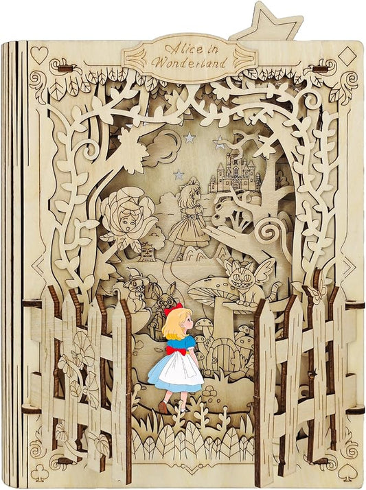 3D Wooden Puzzles for Kids - Alice in Wonderland Book Nook Kits with Night Light Feature