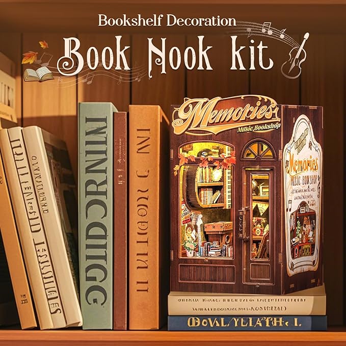 Fsolis Book Nook Kit, DIY Miniature House Kit, 3D Wooden Puzzles for Adults, 136 Pieces, Bookshelf Decor Mini Scale Model Boonook Craft, Gifts for Women Teenagers (Memories Music Bookshop)