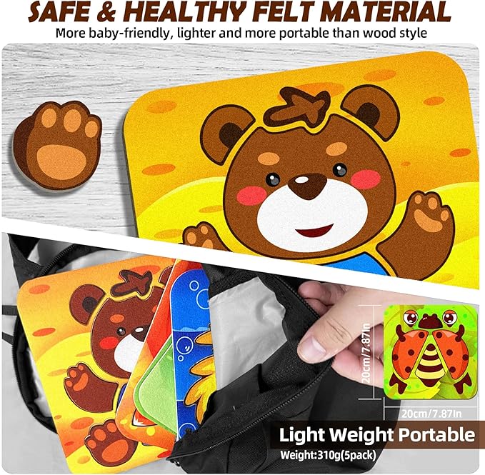 5 Sets Felt Puzzles for Toddlers 1-3, Toddlers 2-4,Animals Felt Puzzles Educational Montessori Toys Gifts for 1 2 3 Year Old Kids Learning Toy