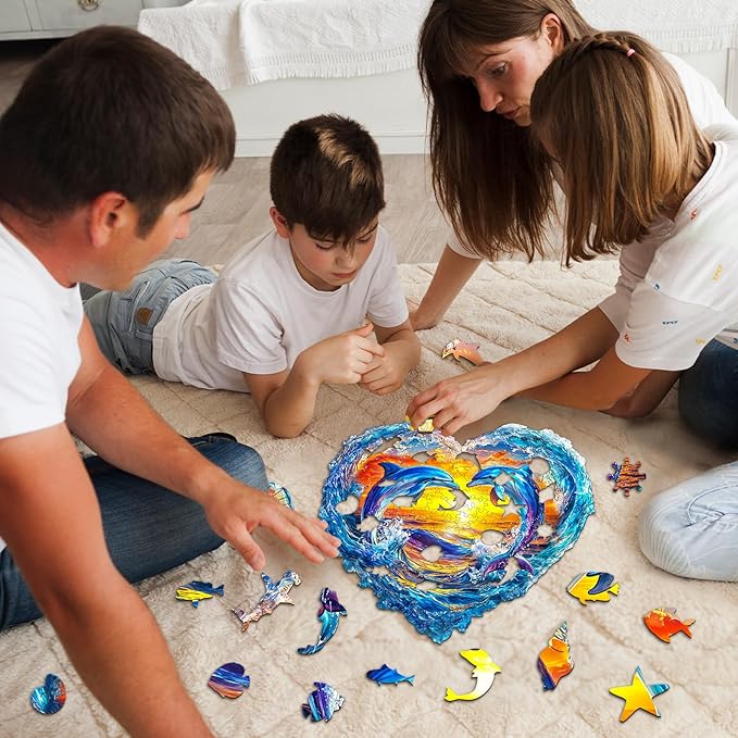 Wooden Puzzles for Adults - Heartfelt Dolphins Wooden Jigsaw Puzzle, Unique Animal Shaped Wood Puzzles Adult, Christmas Birthday Gifts for Friends/Family, Home Decor 8.5 * 8.3in 90pcs