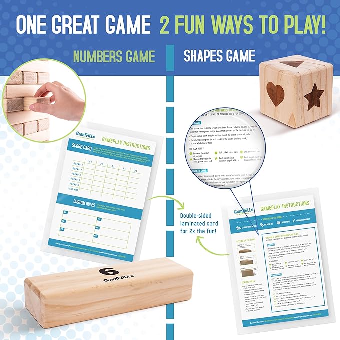 Giantville Giant Tumbling Timber Toy - Premium Pine Wood Life-Size Blocks Tower - Big Floor/Board Indoor/Outdoor Yard Game for Kids & Adults - 54-Pieces + Dice + Carry Bag - Grows to Almost 3-Feet