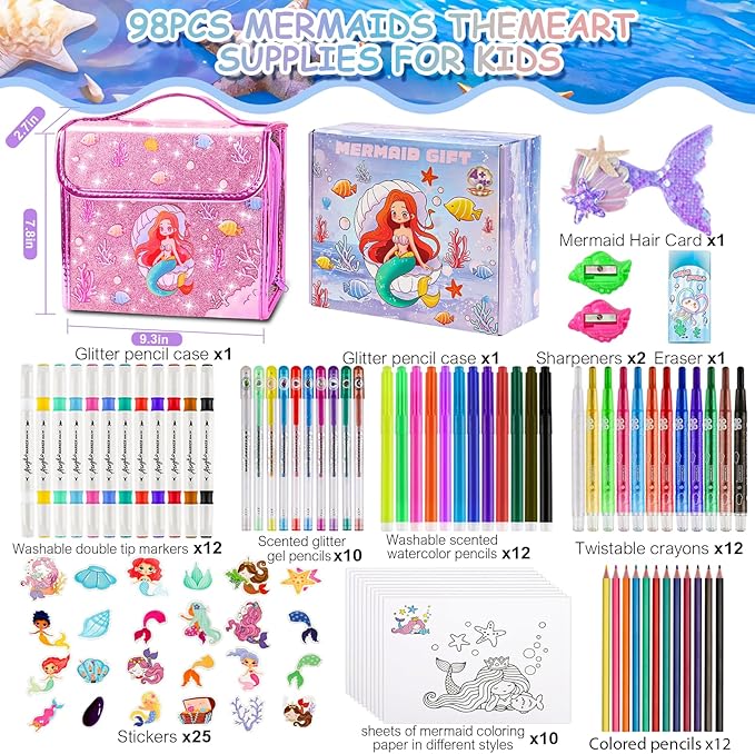 Mermaid Gifts for Girls, Washable Scented Markers Set for Kids, Include Glitter Pencil Case, Markers, Glitter Pens, Crayons 98Pcs Art Supplies Coloring Kit Birthday Christmas Gifts for Girls