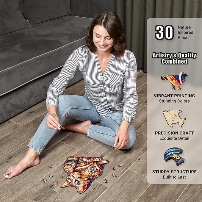 LEOGOR Wooden Jigsaw Puzzles for Adults 200 Pieces (10.7 × 13.8 in), Cat Puzzle, Extra-Thick 5mm Wood, Vibrant Mosaic Design, Relaxing Artistic Gift for Adults and Teens
