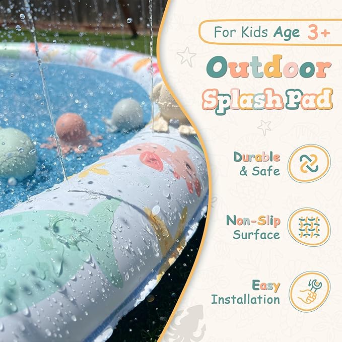 Splash Pad Sprinkler for Kids – Large 66" Non-Slip Pad, Fun Outdoor Water Toy, Toddlers and Children Ages 1-8, Durable Splash Pads for Backyard, Summer Activities, and Playtime, Best Way to Cool Off