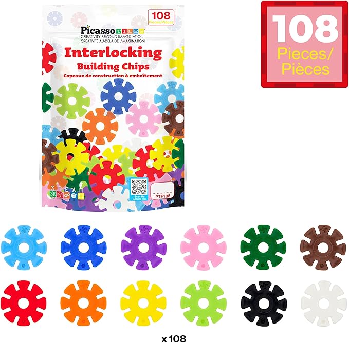 PicassoTiles Building Chips Interlocking Disc Construction Blocks in 12 Colors STEM Learning Early Education Toy Engineering Playset Child Brain Development for Toddlers Girls Boys Kids Age 3+ PTF108