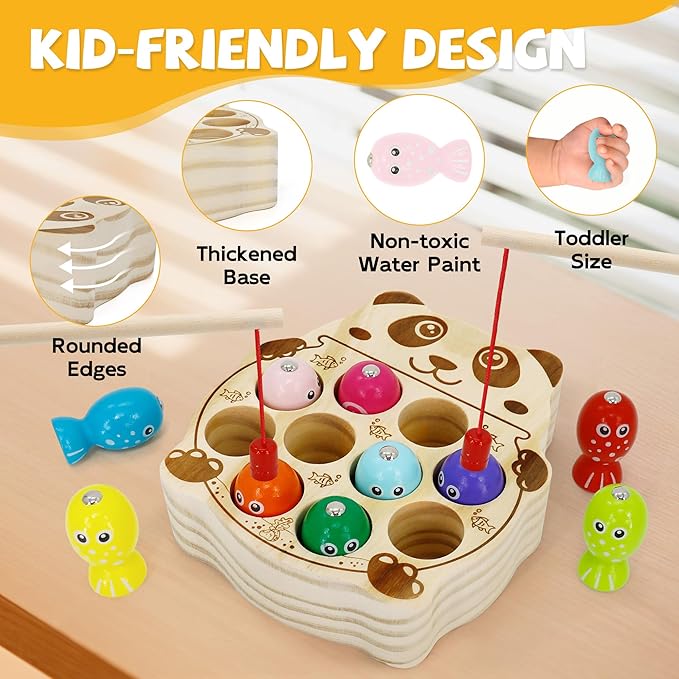 Wooden Magnetic Fishing Game, Panda Magnetic Fishing Toy for Kids 3-5, Montessori Preschool Education Learning Color Sorting Fine Motor Skill for Toddlers