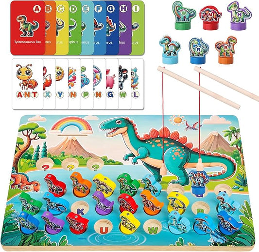 Wooden Dinosaur Magnetic Fishing Game for Toddlers Ages 3-5 with 2 Pods, ABC Alphabet Learning Toy with Spelling Cards, Preschool Educational Montessori Toys, Gift for Boy Girl