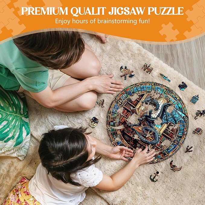 Wooden Puzzles for Adults, Wooden Jigsaw Puzzles for Adults, Wood Puzzles Adult-The Dragon's Library Unique Shaped Dragon Puzzle, Birthday Gifts for Friends Family Game (11.4 * 11.4in 200pcs)