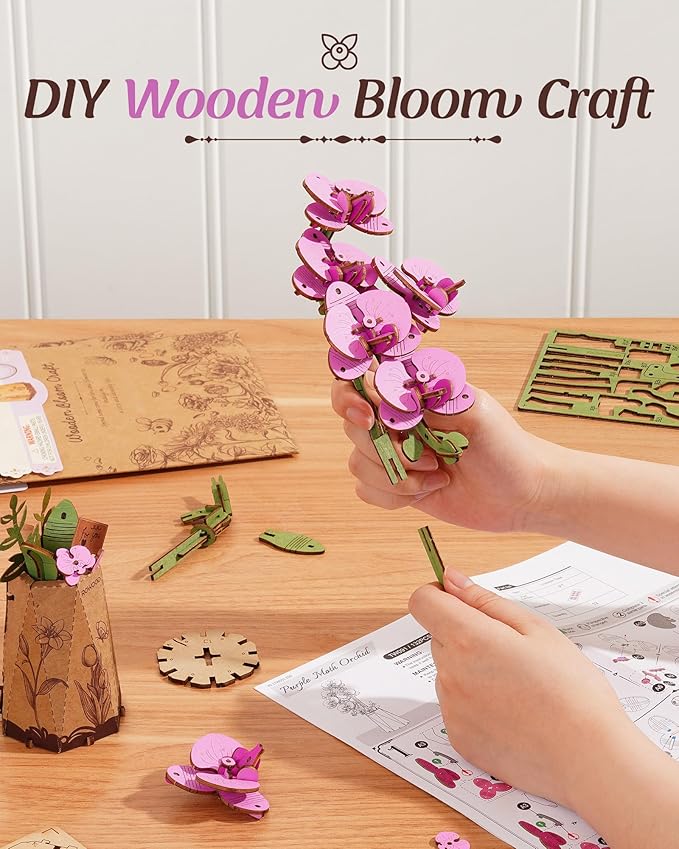 rowood Wooden Flower,3D Puzzles for Kids,Artifical Flower Botanical Collection Building Craft Kit,Mother's Day/Valentine's Day Purple Moth Orchid