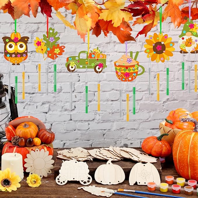 JellyArch 30 Pack Fall Wind Chime Making Kit for Kids Make Your Own Wind Chime Harvest Maple Leaf Wooden Ornaments for Girls Boys DIY Activity Birthday Decoration