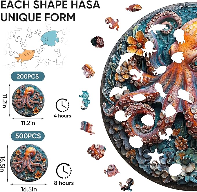 Wooden Puzzles for Adults, 3D Vision Octopus Wooden Jigsaw Puzzles 200 Pieces, 11.2 in Unique Shape Ocean Wooden Puzzle, Irregular Puzzle Creative for Adults and Kids Family Games