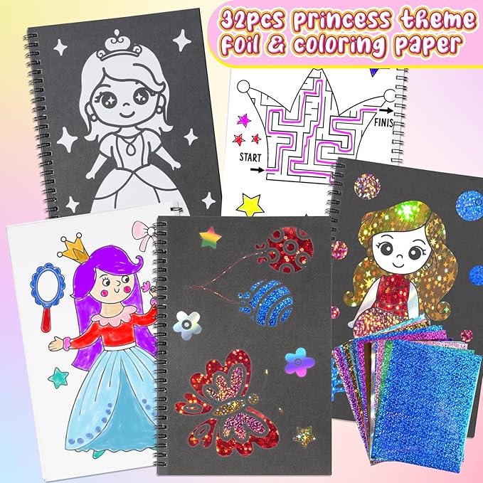 Art & Craft Activity,Foil Craft Princess DIY Fun Art Kits,No Mess Creative Foil Art Kits Set Drawing Game for Kids,Birthday Gifts Crafts Supplies Travel Toys for Girls Boys Ages 4 5 6 7 8 9 Year Old